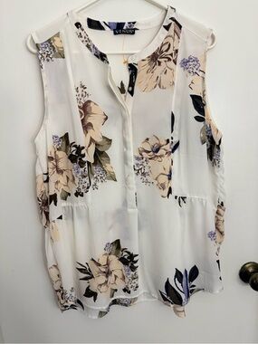 VENUS White Sleeveless Floral Split-Neck Blouse